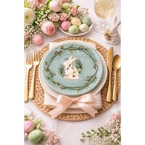 Potter's Studio Easter Bunny Rabbit Salad Plate Sage Green & Pink NEW MINT